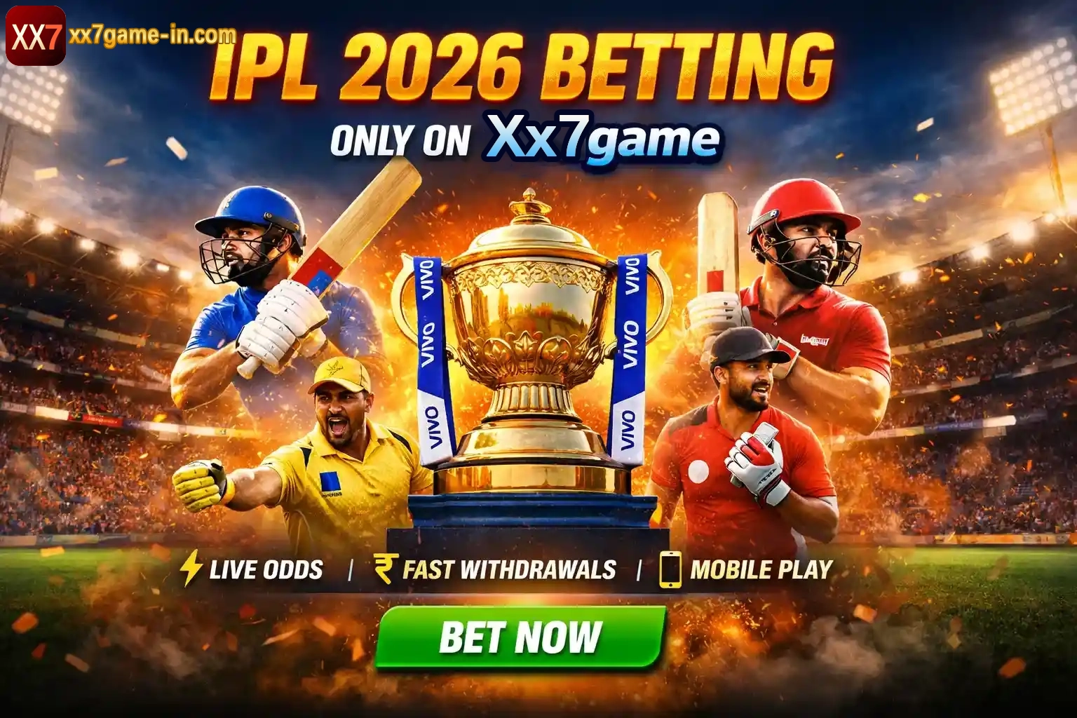 IPL 2026 betting banner with cricket players and trophy in stadium