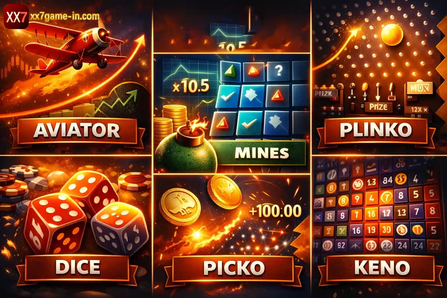 Aviator, Mines, Plinko, Dice and Keno instant games collage with chips and coins