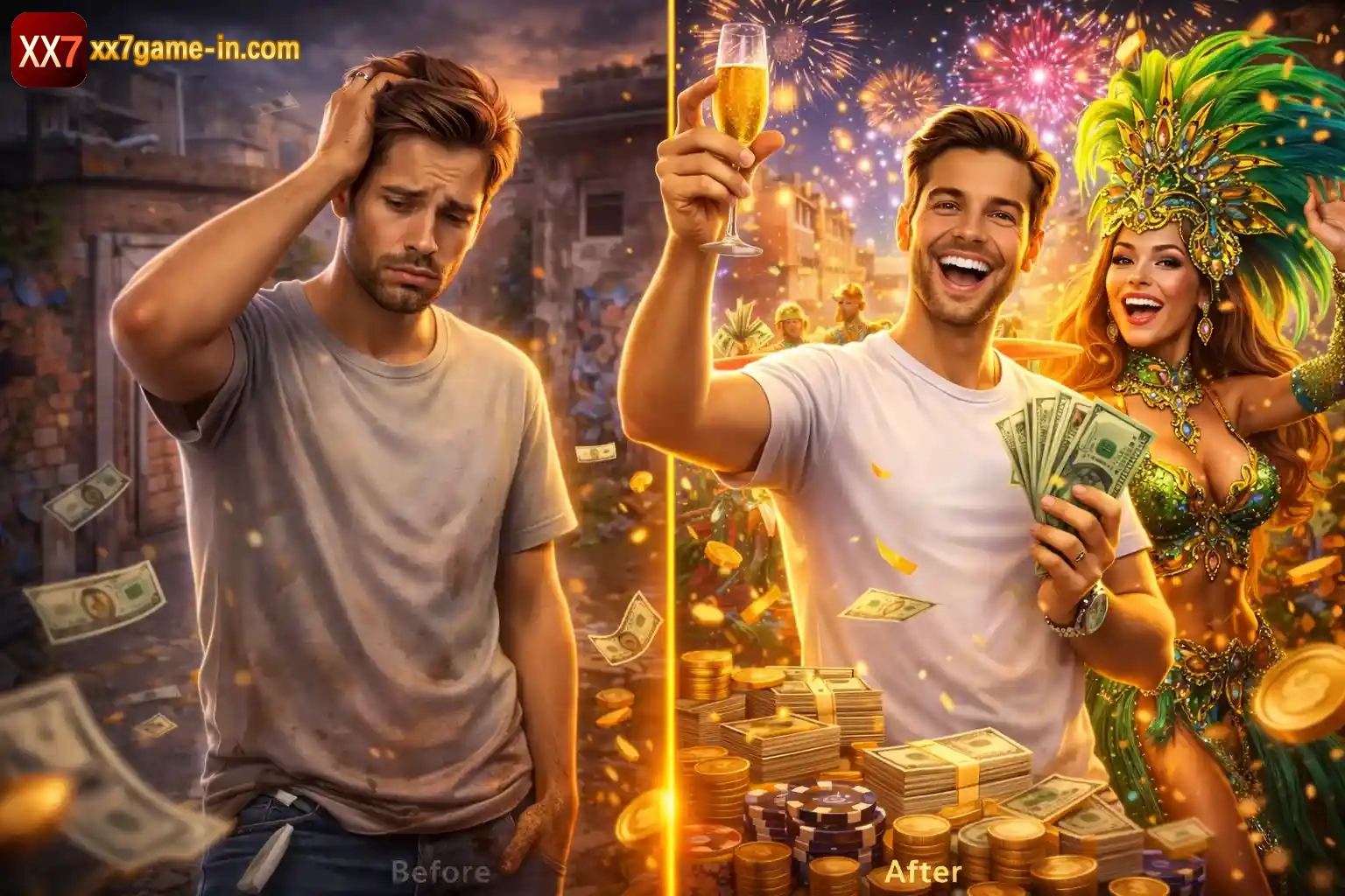 Before and after casino win showing disappointed player turning into happy winner with cash