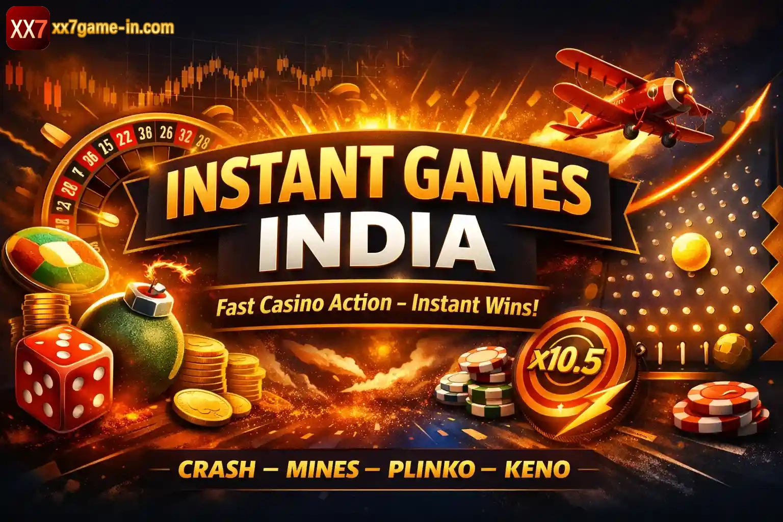 Instant casino games banner with crash plane, roulette wheel, coins and multipliers