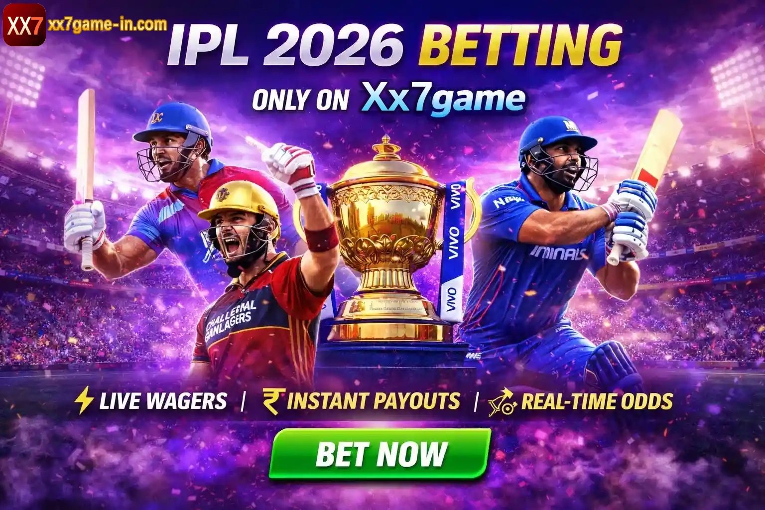 IPL 2026 betting promo with players, trophy and live wager features