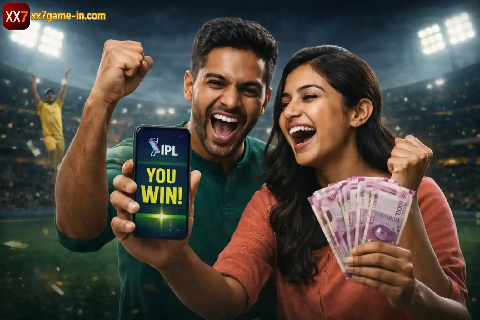 Indian couple celebrating IPL win on mobile phone with cash in stadium