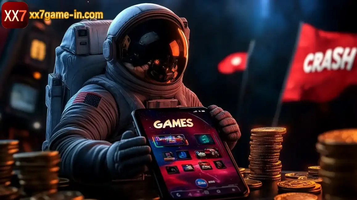 Astronaut in space suit playing crash games on tablet with coins in atmospheric casino setting