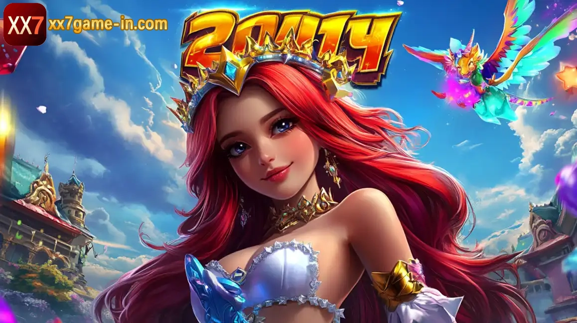 Beautiful red-haired fantasy princess with golden crown in magical 2014 slot game environment