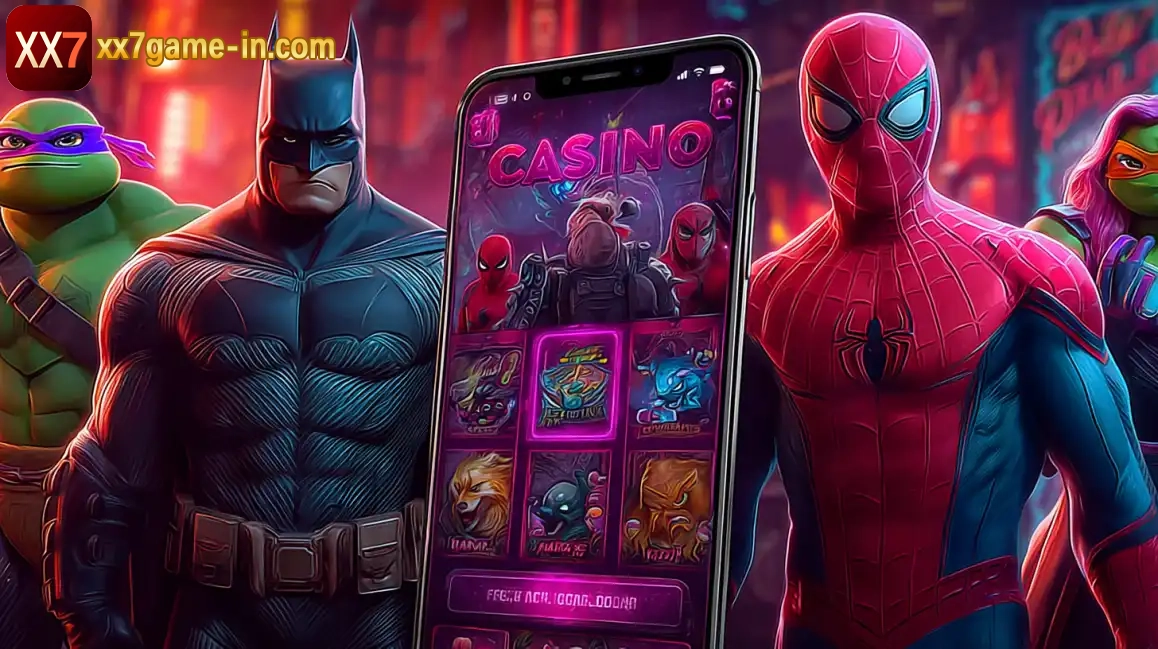 Batman, Spider-Man and Ninja Turtles characters with mobile casino game displaying various slots